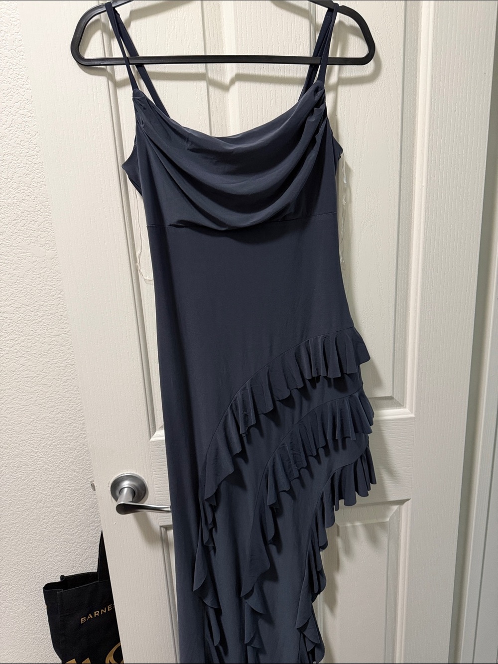 Navy Ruffled Slip Dress with Cowl Neck